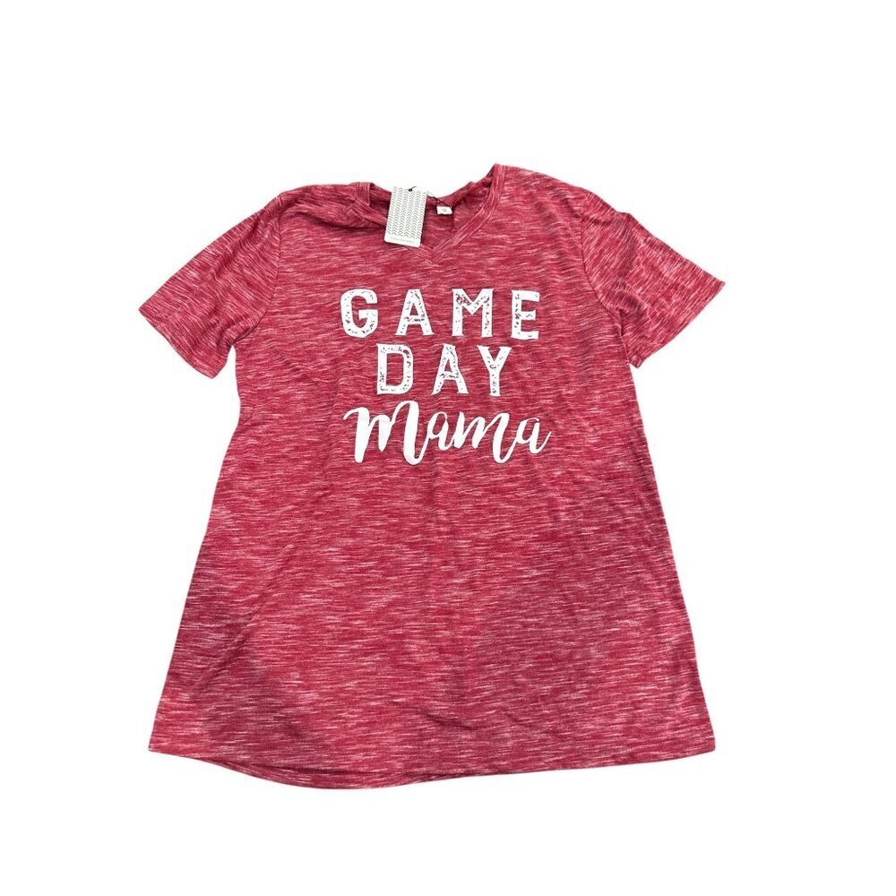 Game Day Mama Red Heathered V-Neck T-Shirt Small Cotton Blend Sports NWT